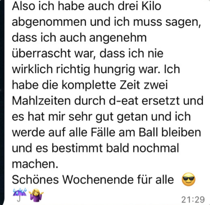 WhatsApp-Nachricht einer Teilnehmerin über ihre zwei Wochen mit den BODY WEEKS
